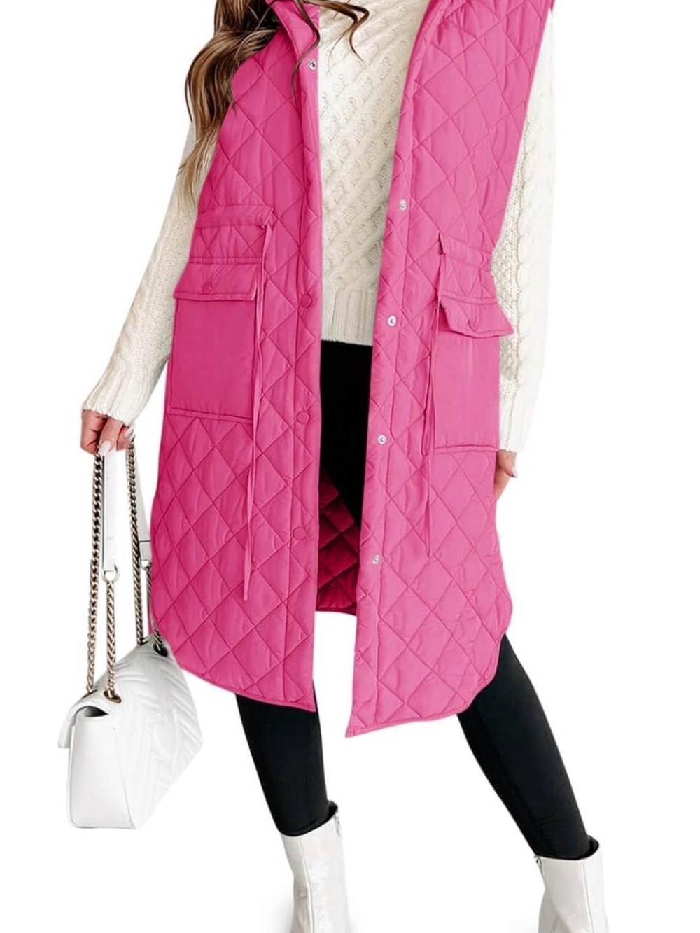 Quilted Long Pink Sleeveless Vest Jacket - Women's Outerwear